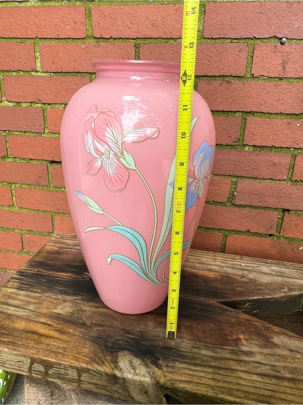 Vintage 1980s Pink Ceramic Floor Vase with Hand-Painted Art Deco Iris Design